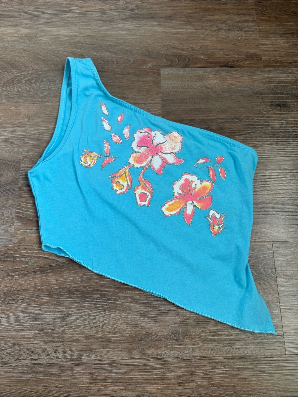 Blue One-Shoulder Floral Tank Top
